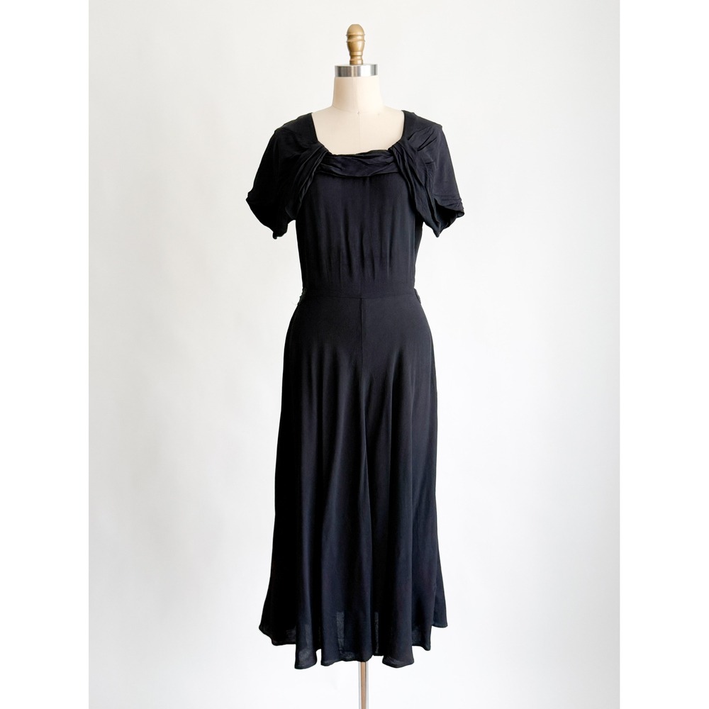 Vintage Carole Little Midi Dress‎ Black Draped Square Neck Short Sleeve Tie Back